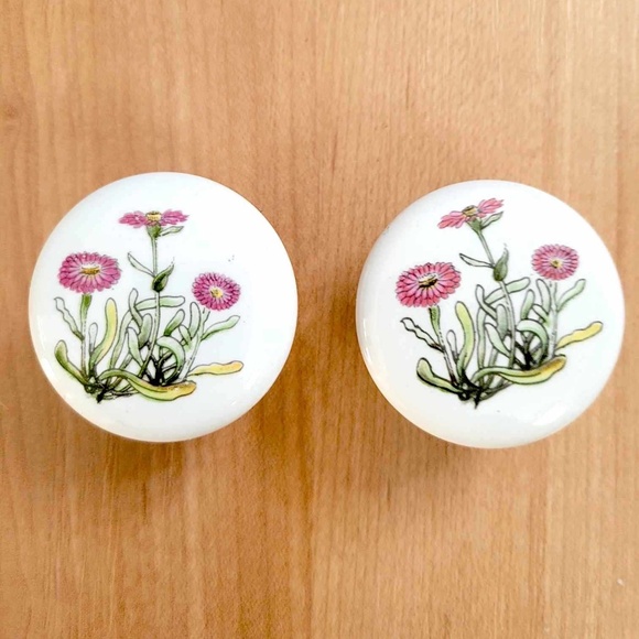 Vintage Porcelain Cabinet Knob Large White Pink Floral Sage Green Stem 1 3/8" - Picture 1 of 6